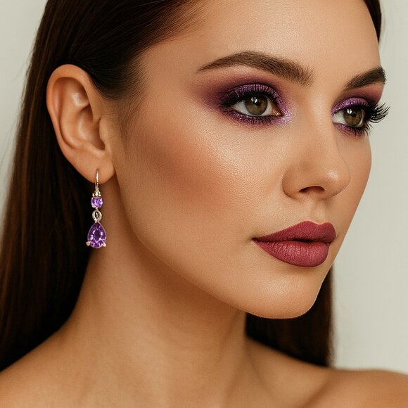 Purple Crystal and Silver Tone Dangle Earrings - Picture 1 of 4